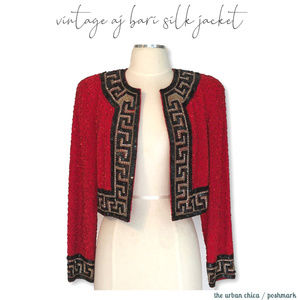 VTG A.J. Bari Red Black Silk Sequin Crop Jacket